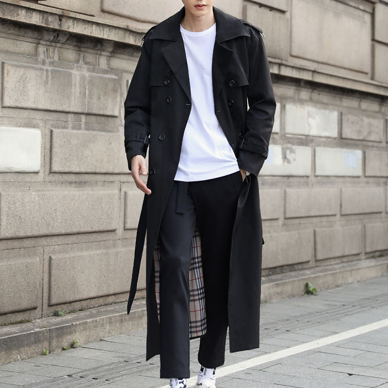 Men's Belted Trench Coat With Double-Breasted Front - Black