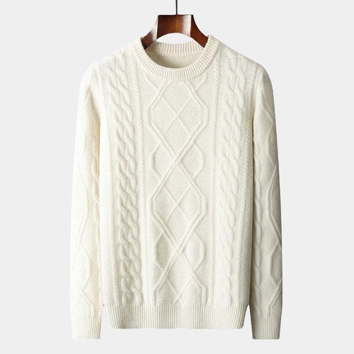 Men's Cable-Knit Crew Neck Jumper With Ribbed Trims - White