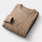 Men's Cable-Knit Crew Neck Jumper With Ribbed Trims - Camel