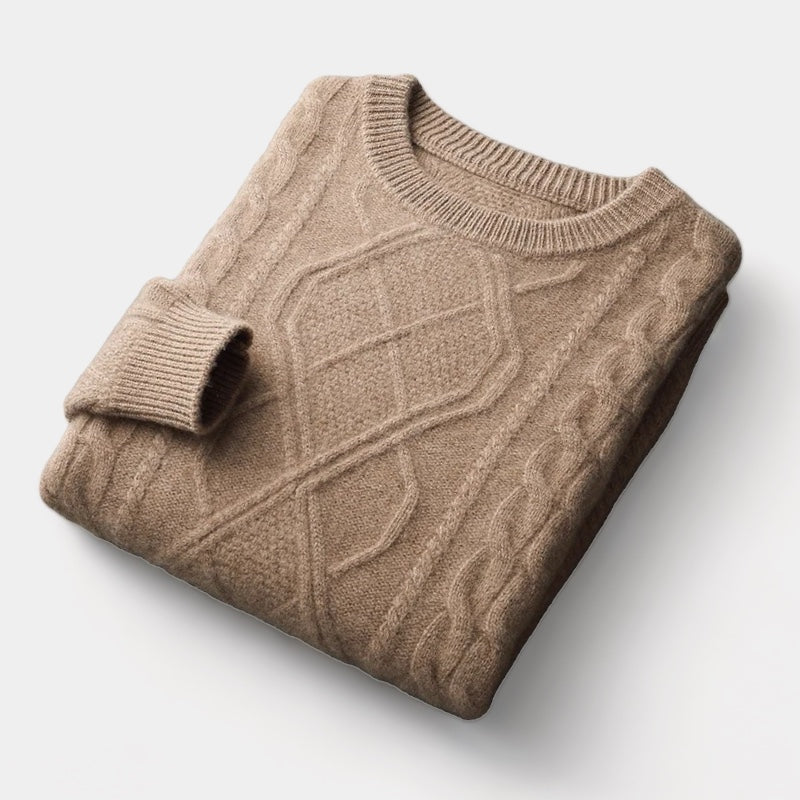 Men's Cable-Knit Crew Neck Jumper With Ribbed Trims - Camel