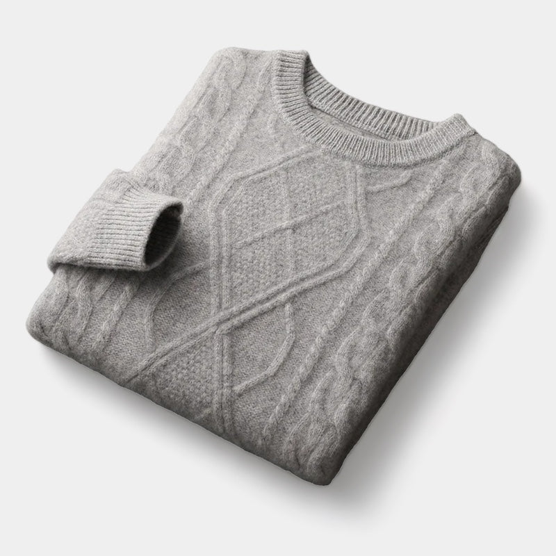 Men's Cable-Knit Crew Neck Jumper With Ribbed Trims - Light Grey