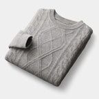 Men's Cable-Knit Crew Neck Jumper With Ribbed Trims - Light Grey