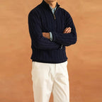 Men's Cable-Knit Half-Zip Jumper With Stand Collar - Navy