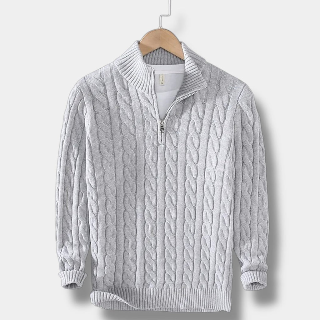 Men's Cable-Knit Half-Zip Jumper With Stand Collar - Light Grey