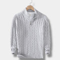 Men's Cable-Knit Half-Zip Jumper With Stand Collar - Light Grey