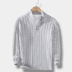 Men's Cable-Knit Half-Zip Jumper With Stand Collar - Light Grey