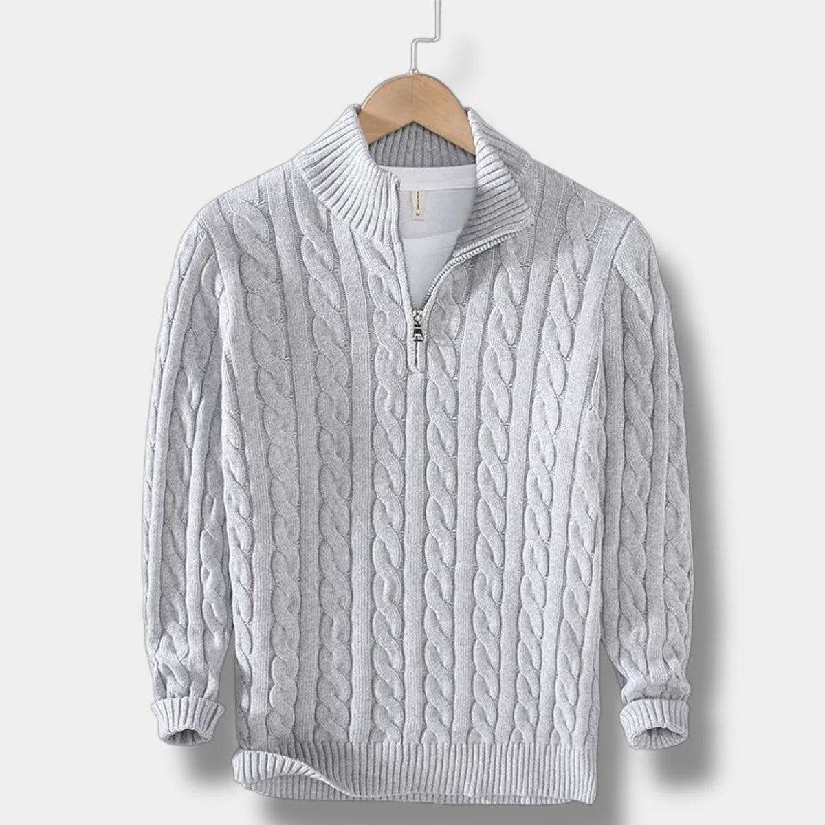 Men's Cable-Knit Half-Zip Jumper With Stand Collar - Light Grey