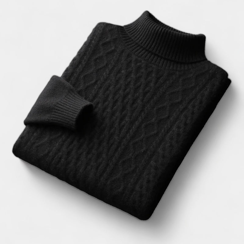 Men's Cable-Knit Mock Neck Jumper With Ribbed Collar - Black