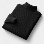 Men's Cable-Knit Mock Neck Jumper With Ribbed Collar - Black