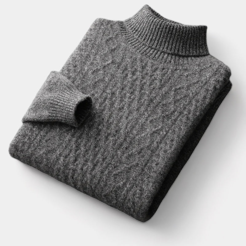 Men's Cable-Knit Mock Neck Jumper With Ribbed Collar - Dark Grey