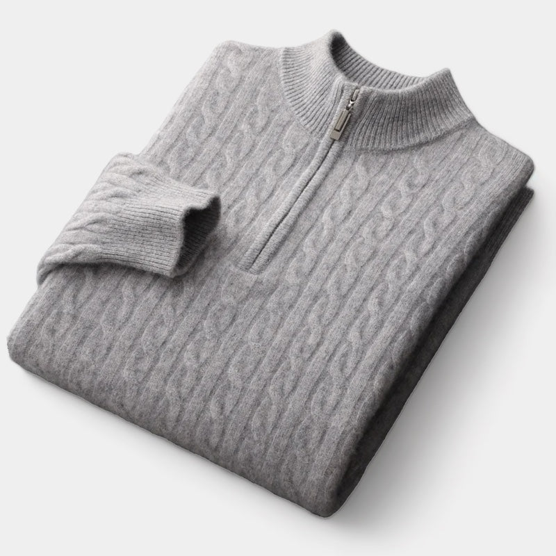 Men's Cable-Knit Quarter-Zip Jumper With Stand Neck - Grey