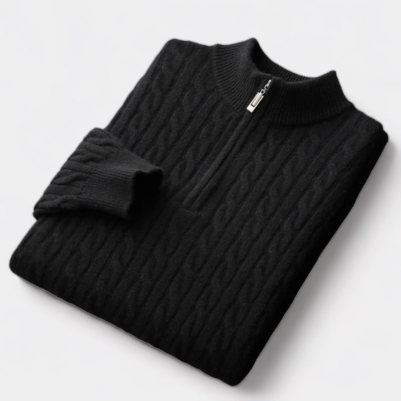 Men's Cable-Knit Quarter-Zip Jumper With Stand Neck - Black