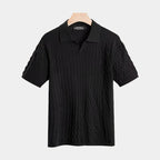 Men's Cable-Textured Knit Polo With Open Collar - Black