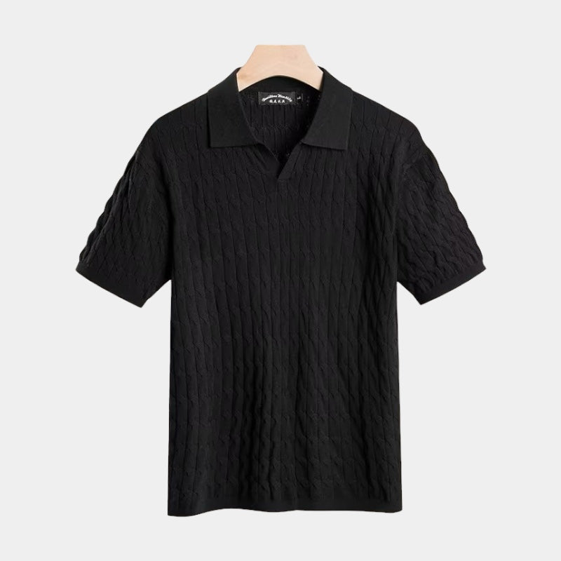 Men's Cable-Textured Knit Polo With Open Collar - Black