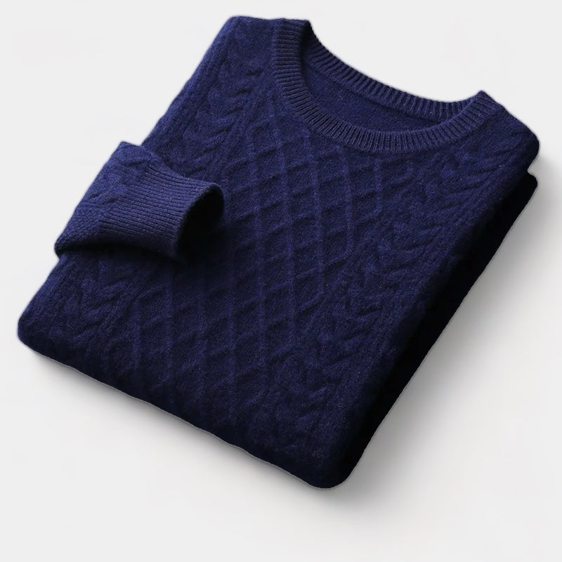 Men's Diamond Cable Jumper With Ribbed Crew Neck - Navy