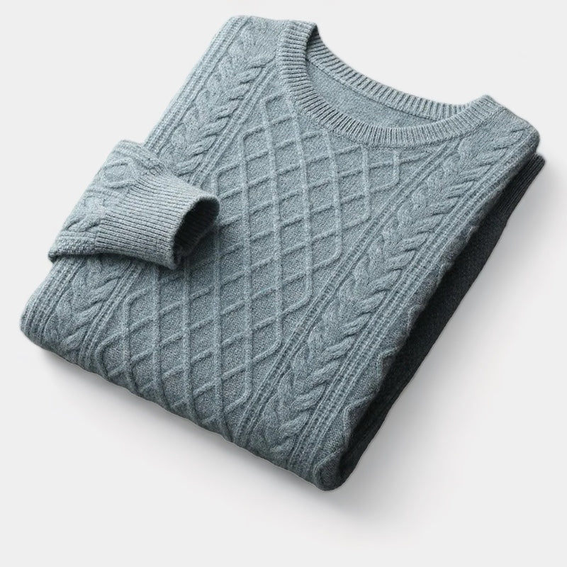 Men's Diamond Cable Jumper With Ribbed Crew Neck - Light Grey