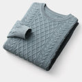 Men's Diamond Cable Jumper With Ribbed Crew Neck - Light Grey