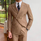 Men's Double-Breasted Suit With Contrast Metal Buttons - Khaki