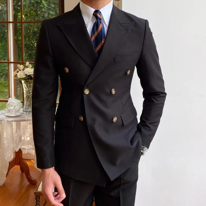Men's Double-Breasted Suit With Contrast Metal Buttons - Black
