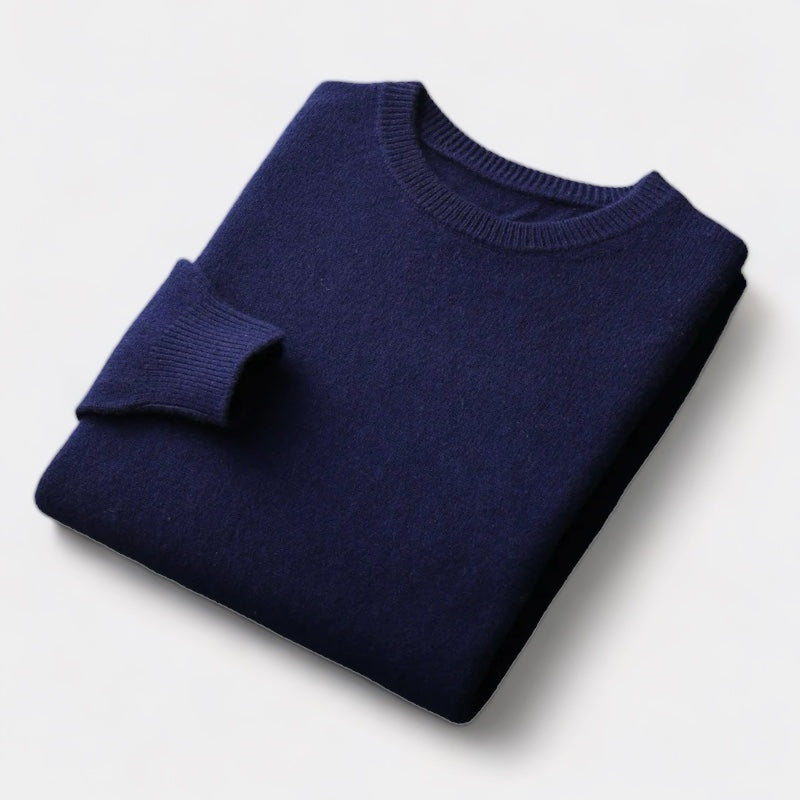 Men's Fine-Knit Crew Neck Jumper With Ribbed Bands - Navy