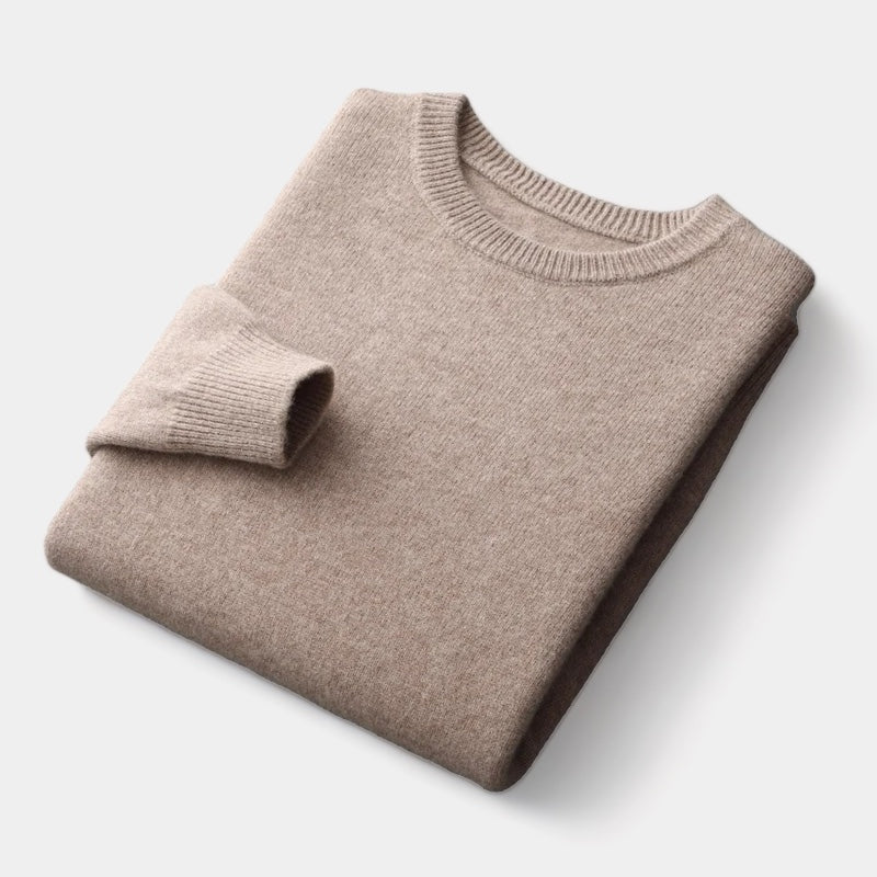Men's Fine-Knit Crew Neck Jumper With Ribbed Bands - Beige