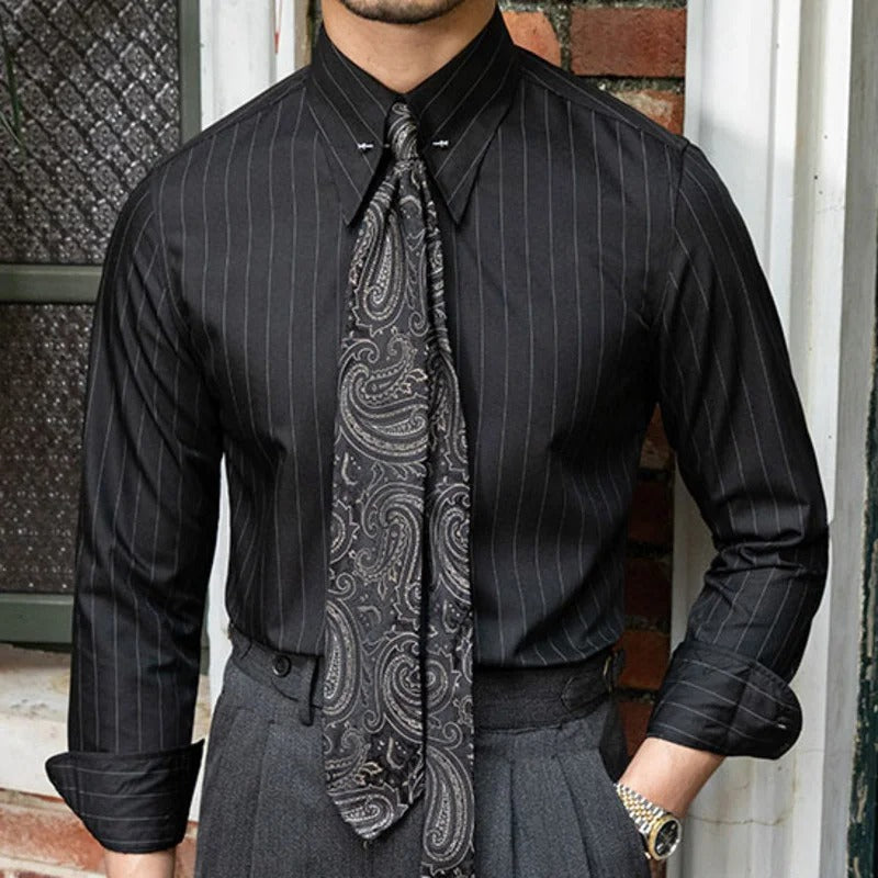 Men's Fine-Stripe Dress Shirt With Point Collar - Black