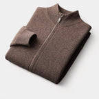 Men's Full-Zip Knitted Cardigan With Ribbed Stand Collar - Brown