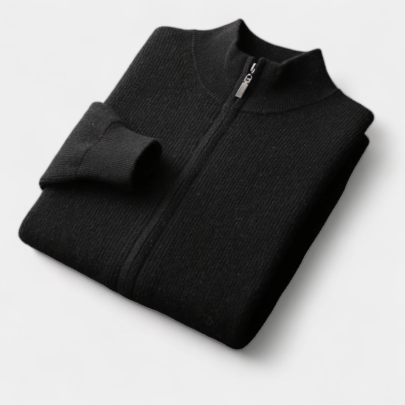 Men's Full-Zip Knitted Cardigan With Ribbed Stand Collar - Black