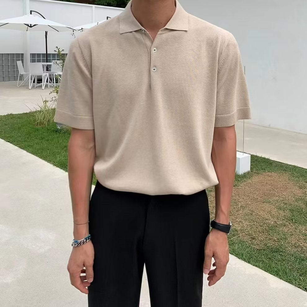 Men's Knitted Polo Shirt With Three-Button Placket - Khaki
