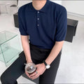 Men's Knitted Polo Shirt With Three-Button Placket - Blue