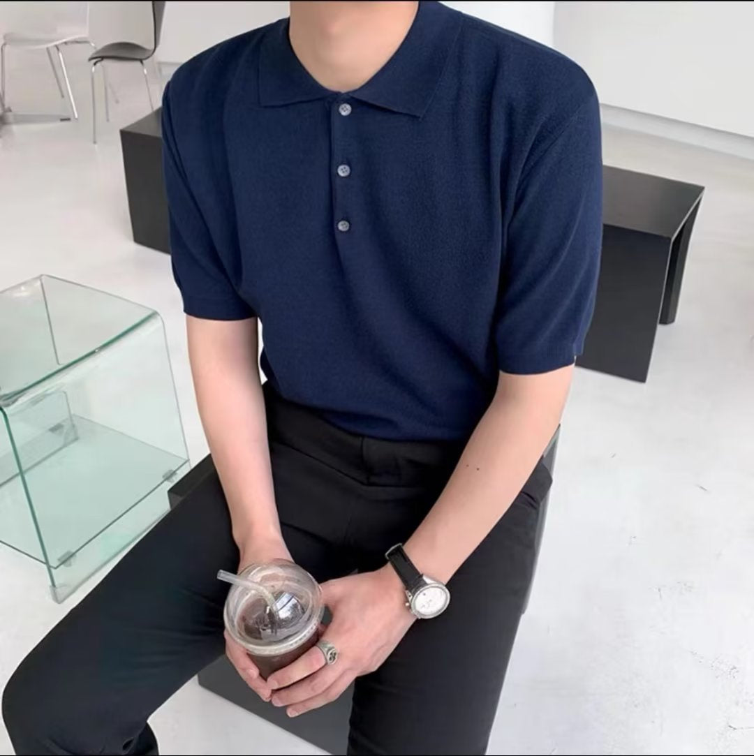 Men's Knitted Polo Shirt With Three-Button Placket - Blue