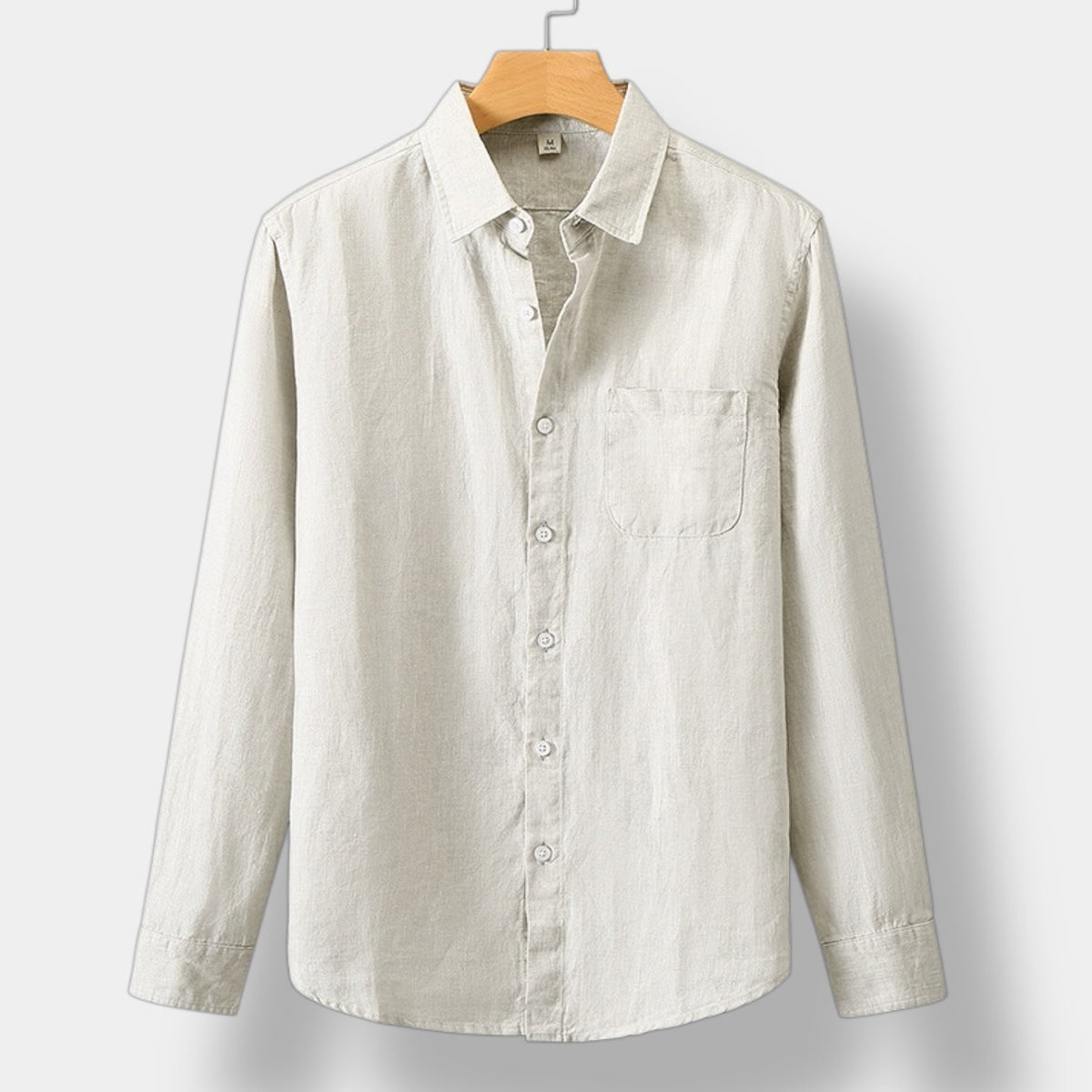 Men's Long-Sleeve Button Shirt With Curved Shirt Tail Hem - Beige