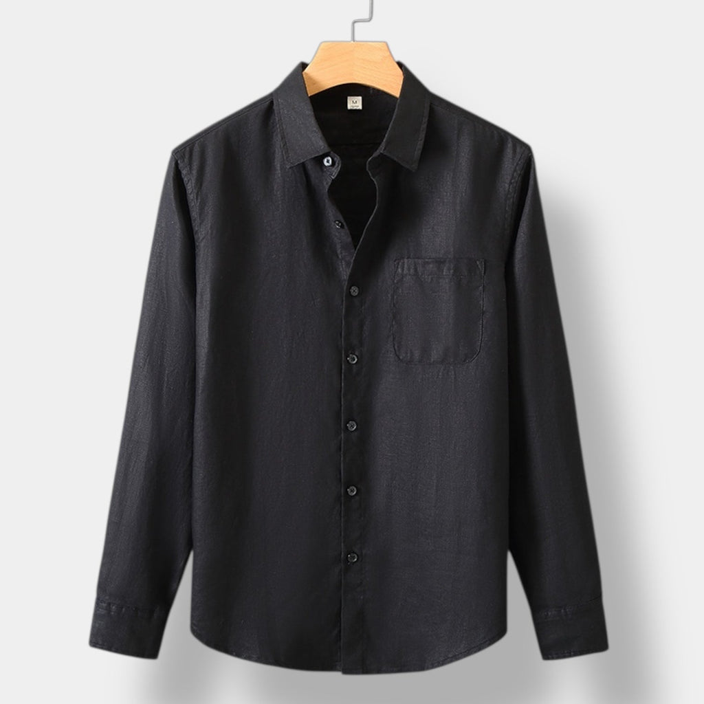 Men's Long-Sleeve Button Shirt With Curved Shirt Tail Hem - Black