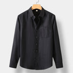 Men's Long-Sleeve Button Shirt With Curved Shirt Tail Hem - Black