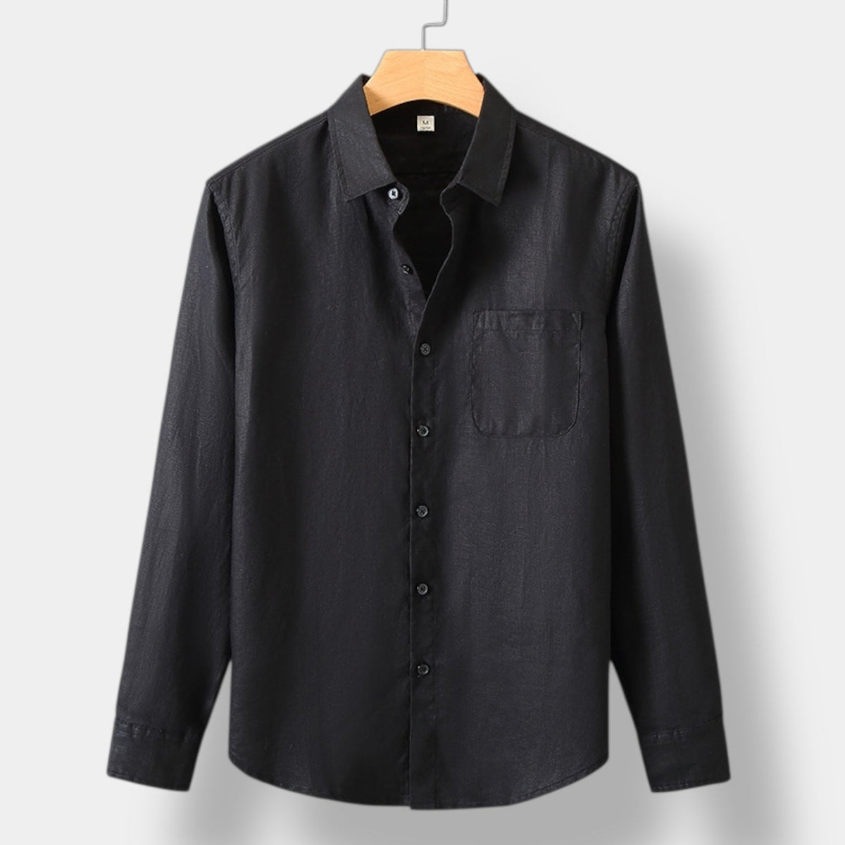 Men's Long-Sleeve Button Shirt With Curved Shirt Tail Hem - Black