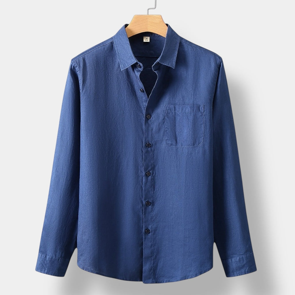 Men's Long-Sleeve Button Shirt With Curved Shirt Tail Hem - Blue