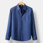 Men's Long-Sleeve Button Shirt With Curved Shirt Tail Hem - Blue