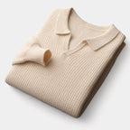 Men's Long-Sleeve Knit Polo With Open Flat Collar - Beige