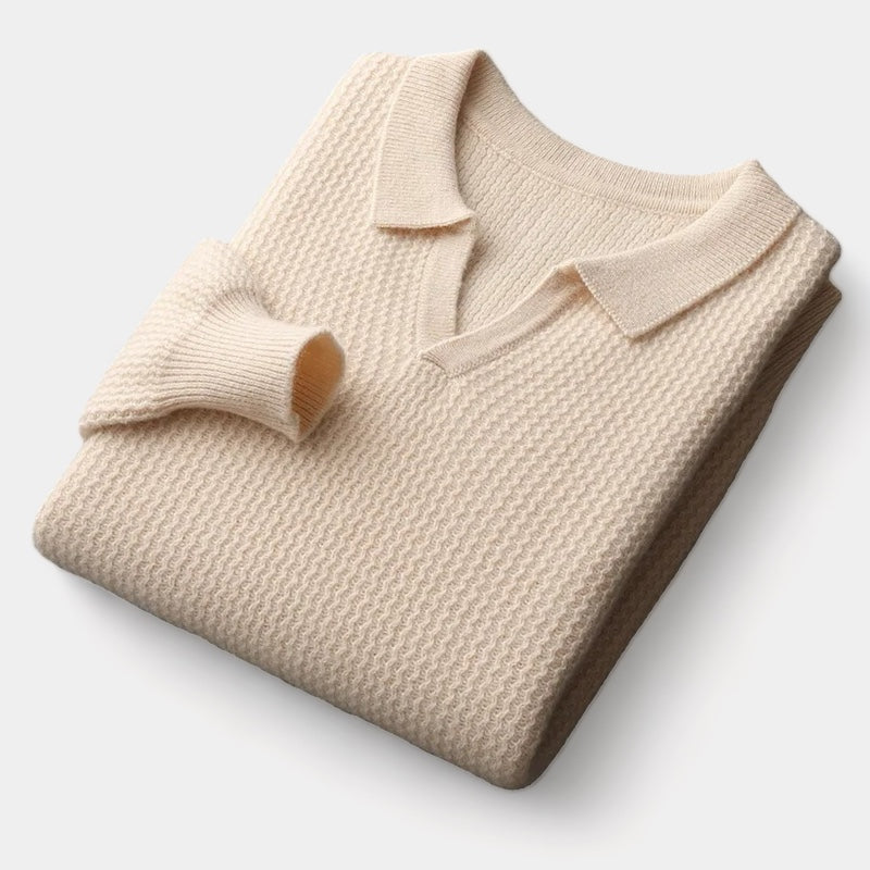 Men's Long-Sleeve Knit Polo With Open Flat Collar - Beige