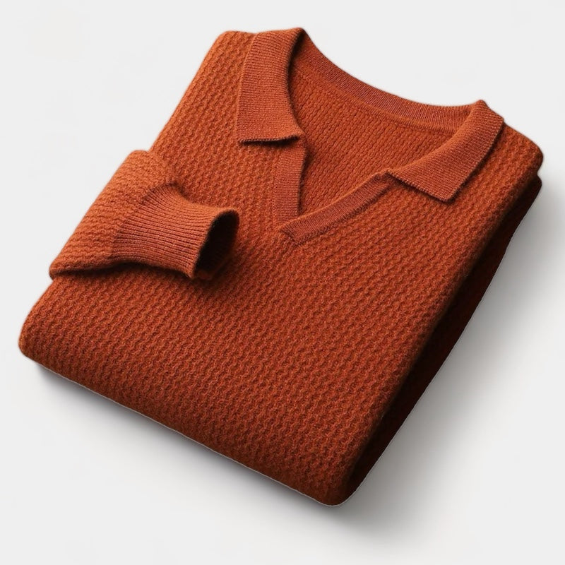 Men's Long-Sleeve Knit Polo With Open Flat Collar - Caramel