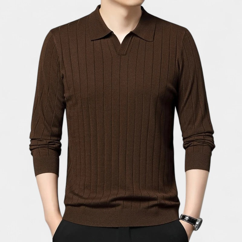 Men's Long-Sleeve Knitted Polo With Fine Vertical Rib - Brown