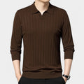 Men's Long-Sleeve Knitted Polo With Fine Vertical Rib - Brown