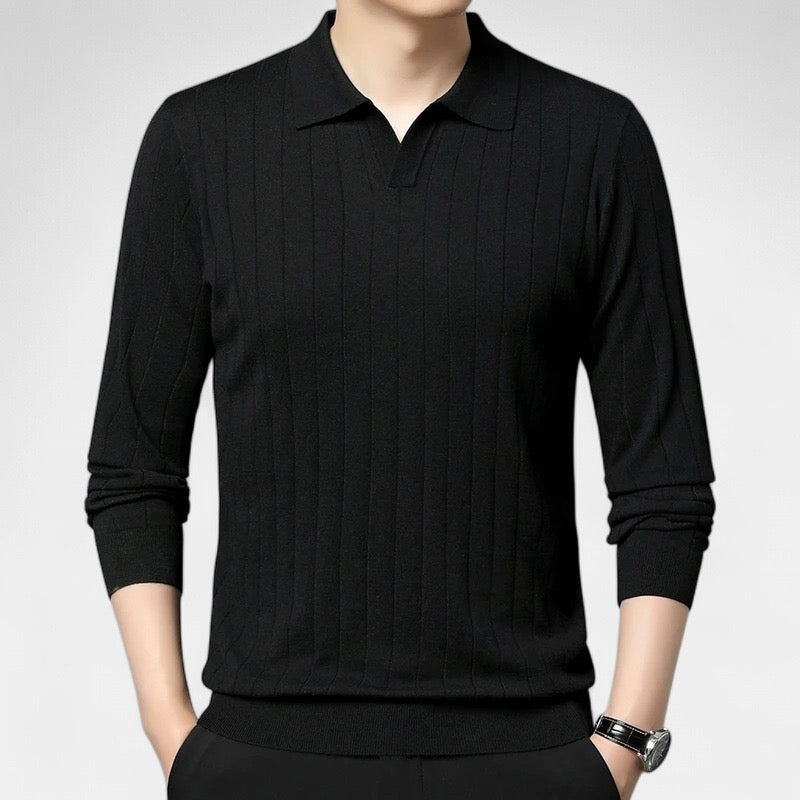 Men's Long-Sleeve Knitted Polo With Fine Vertical Rib - Black