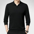 Men's Long-Sleeve Knitted Polo With Fine Vertical Rib - Black