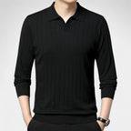 Men's Long-Sleeve Knitted Polo With Fine Vertical Rib - Black