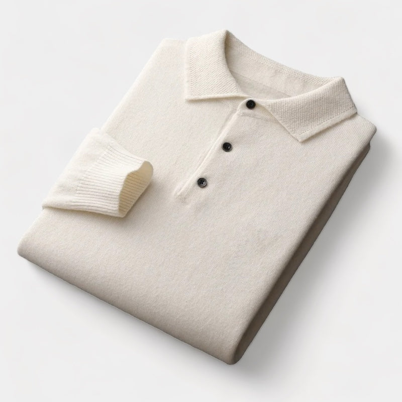 Men's Long-Sleeve Polo Jumper With Two-Button Neck - White