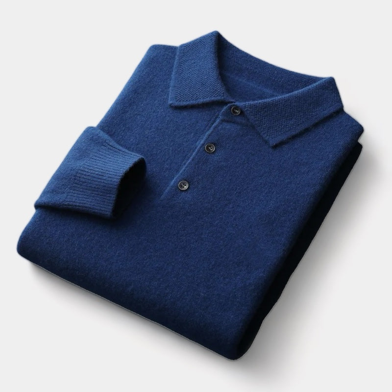 Men's Long-Sleeve Polo Jumper With Two-Button Neck - Navy