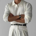 Men's Long-Sleeve Ribbed Knit Polo With Open V Neck - White