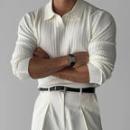 Men's Long-Sleeve Ribbed Knit Polo With Open V Neck - White