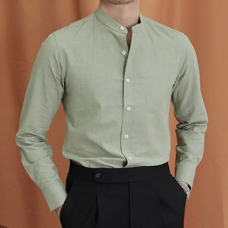Men's Mandarin Collar Shirt With Full Button Placket - Light Green